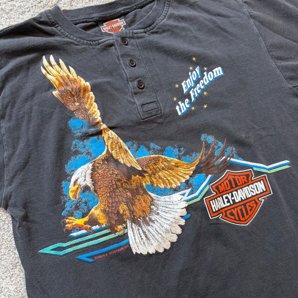 Vintage 1990 Harley Davidson Henley Shirt Walters Bros Peoria IL Eagle Black MD - Picture 2 of 7